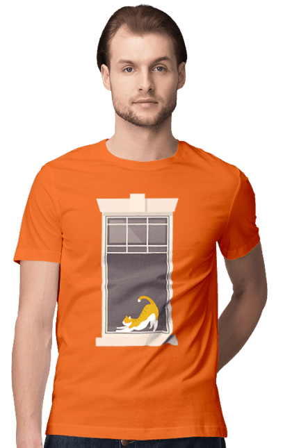 Футболка чоловіча з принтом "Кіт В Вікні". Вікно, кіт, потягушки, рудий. 2070702