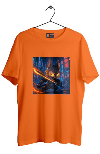 Футболка чоловіча з принтом "Лабубу". Аніместиль, дія, катана, кіберніндзя, кіберпанк, лабубу, меч, неонове місто, очі` що світяться. 2070702