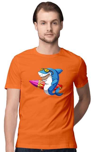 Футболка мужская с принтом Акула В Очках С Серфингом. Акула, лето, очки, серфинг. 2070702