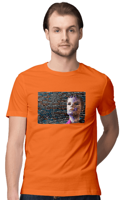 Футболка чоловіча з принтом "Штучний Розум". Айті, айтішник, гик, жінка, знання, інженер, інтелект, кібер, кібернетика, кіборг, код, комп, комп`ютерник, кристал, машинне навчання, мікросхема, мозок, портрет, програміст, професіонал, професія, розробник, розум, світиться, світло, хакер, чіп, штучний інтелект, штучний розум. 2070702