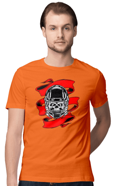 Men`s t-shirt with prints Skull in a motorcycle helmet. Helmet, moto, skull, tape. 2070702