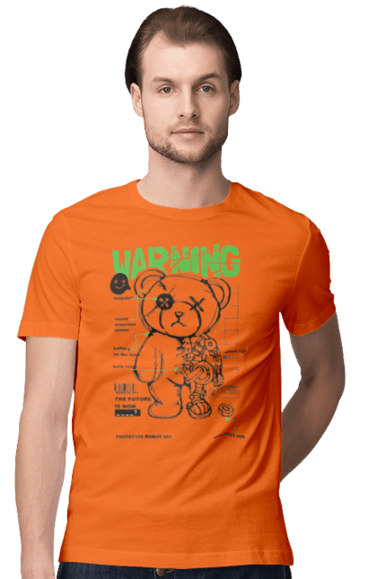 Men's t-shirt with prints Robot bear. Attention, bear, details, robot, toy, warning. 2070702