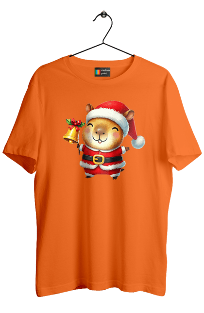 Men's t-shirt with prints Funny capybara with a bell. Animal, bell, capybara, christmas, christmas capybara, gift, holiday, new year, new year`s gift, santa. 2070702