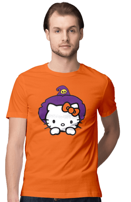 Футболка мужская с принтом Хелло Китти Хэллоуин. Halloween, hello kitty, witch, бренд, ведьма, кот, котенок, персонаж, хелло китти, хэллоуин. 2070702