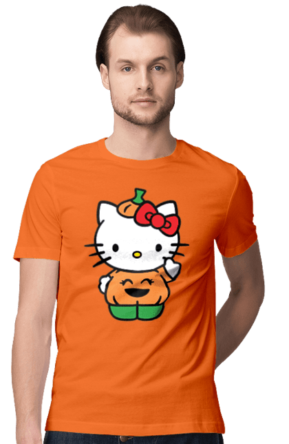 Футболка мужская с принтом Хелло Китти Хэллоуин. Halloween, hello kitty, бренд, котенок, персонаж, тыква, хелло китти, хэллоуин. 2070702