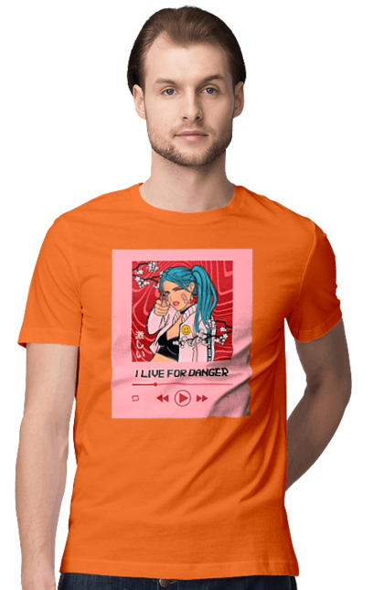 Футболка чоловіча з принтом "I Live For Danger". Аніме, музика, пістолет, програвач. 2070702