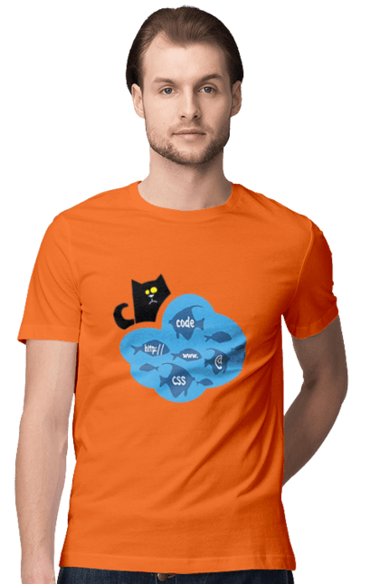 Футболка чоловіча з принтом "Кіт програміст". Angular, c, css, html, it, javascript, jquery, php, python, react, svelt, vue, айтишник, айті, гумор, код, кодувати, прогер, програміст, програмісти, ти ж, ти ж програміст, тиж програміст. 2070702