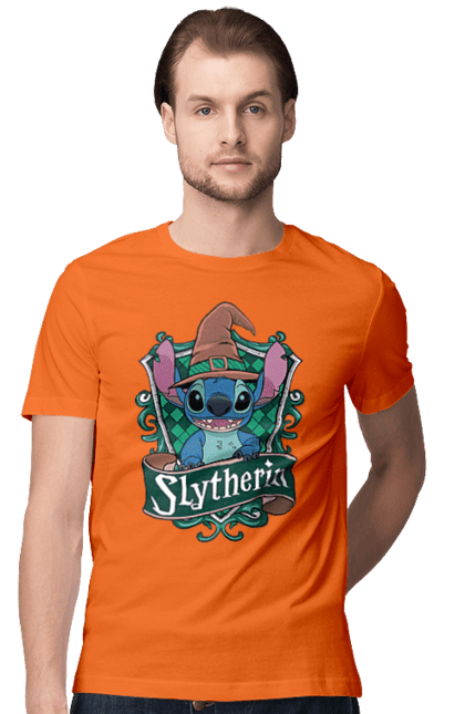 Men's t-shirt with prints Stich Slytherin. Faculty, franchise, harry potter, hogwarts, slytherin, stich. 2070702