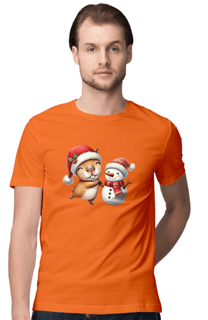 Men's t-shirt with prints Capybara and Snowman. Animal, capybara, christmas, christmas capybara, gift, holiday, new year, new year`s gift, santa, snowman. 2070702