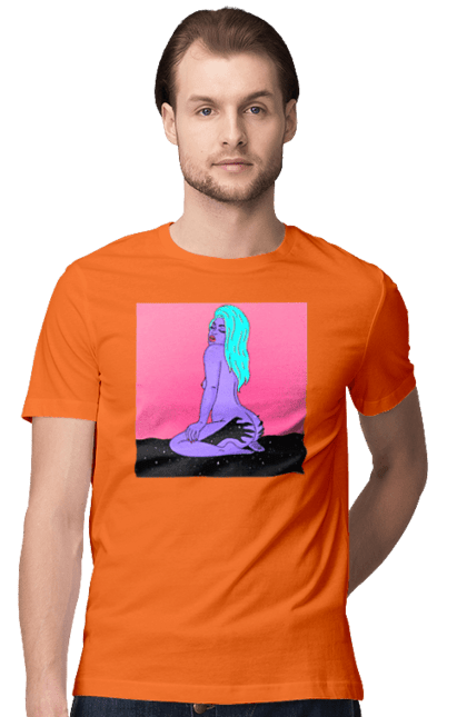 Футболка чоловіча з принтом "Фіолетова Дівчина В Руках". Дівчина, інопланетянка, сидить. 2070702