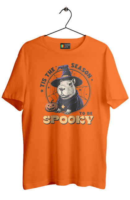 Men's t-shirt with prints Capybara Halloween. Animal, capybara, ghost, halloween, holiday, moon, pumpkin, rodent, witch. 2070702