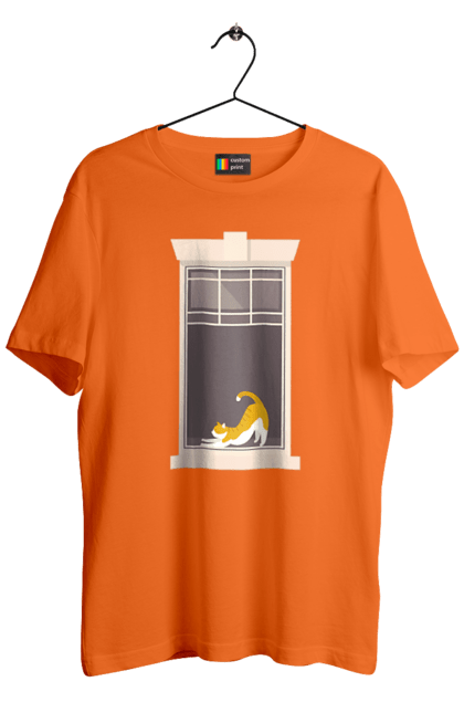 Футболка чоловіча з принтом "Кіт В Вікні". Вікно, кіт, потягушки, рудий. 2070702