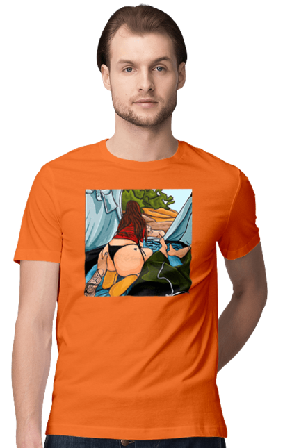 Футболка чоловіча з принтом "Відпочинок З Улюбленою У Палатці". Відпочинок, жопа, палатка, собака. 2070702