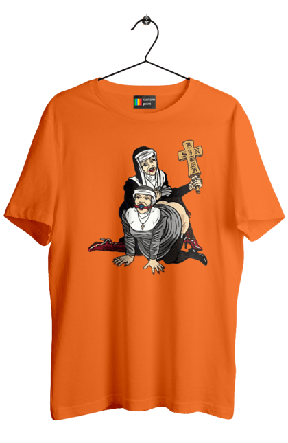 Футболка чоловіча з принтом "Монашки БДСМ". Бдсм, крута, модна, молодіжна, плескає по дупі, рок, рольові ігри, черниці бдсм, черницю, черниця. 2070702