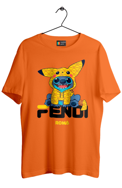 Футболка мужская с принтом Fendi Стич. Fendi, stich, бренд, дом моды, италия, люкс, мода, стич, сумка, фенди. 2070702