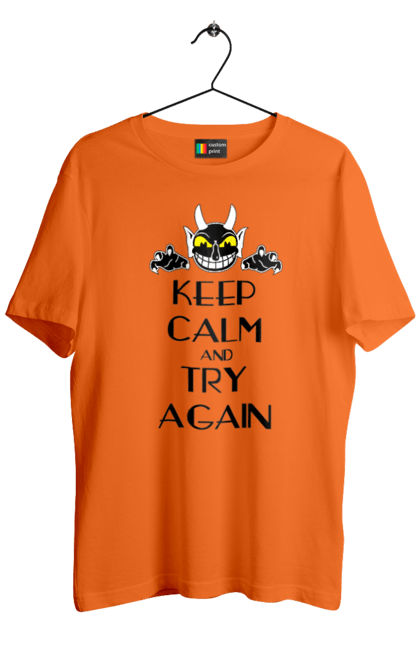 Men's t-shirt with prints Keep calm and try again. Calmness, demon, heck, keep calm, satan, stay calm, try again. 2070702