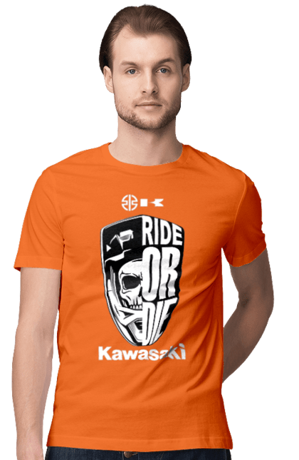 Футболка мужская с принтом Kawasaki. Kawasaki, ride or die, бренд, мотоцикл, спорт, череп. 2070702