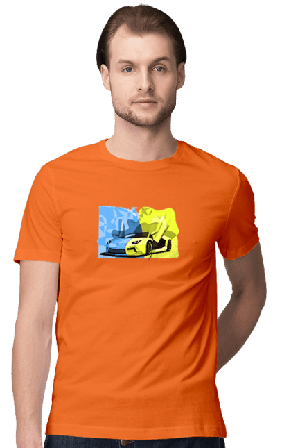 Men`s t-shirt with prints Ukrainian Lamborghini. Flag, lamborghini, machine, sports car, ukraine, yellow blue. 2070702