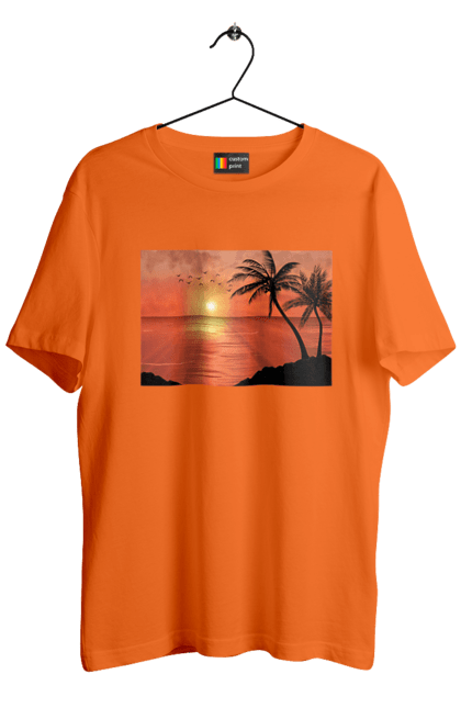 Футболка чоловіча з принтом "Захід Пальми Море". Берег, захід, море, пальми. 2070702