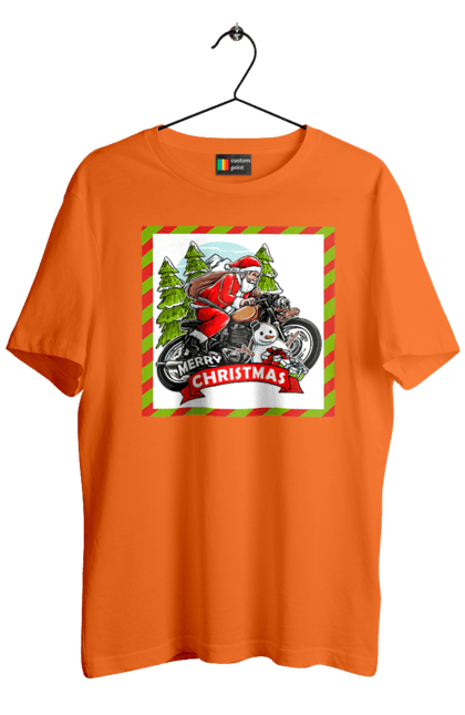 Men`s t-shirt with prints Santa on a motorcycle. Christmas, motorcycle, new year, presents, santa, snowman, tree. 2070702