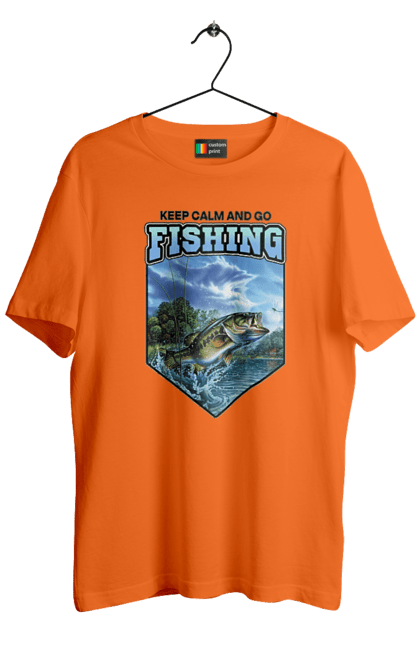 Футболка чоловіча з принтом "Keep Calm and Go Fishing". Відпочинок на природі, для рибалок, для чоловіків, мисливці та риболови, природа, рибалка, риболовля, спінінг, хоббі. 2070702