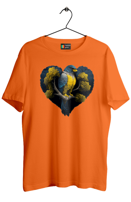 Men`s t-shirt with prints Blue and yellow falcon. Falcon, flag of ukraine, heart, symbol of ukraine, tree, ukraine. 2070702