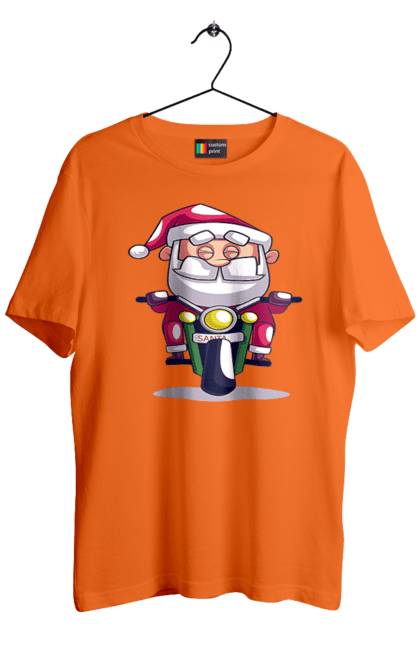 Футболка чоловіча з принтом "Щасливий Санта на мотоциклі". 2022, дід мороз, зима, мотоцикл, новий рік, різдво, санта, сніг. 2070702