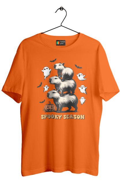 Men's t-shirt with prints Capybara Halloween. Animal, capybara, ghost, halloween, holiday, moon, pumpkin, rodent. 2070702