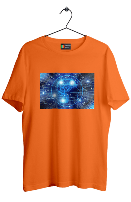 Футболка чоловіча з принтом "Штучний інтелект". Айті, айтішник, гік, знання, інженер, інтелект, кібер, кібернетика, кіборг, код, комп, комп`ютерник, кристал, машинне навчання, мікросхема, мозок, портрет, програміст, професіонал, професія, розробник, розум, хакер, чіп, штучний інтелект, штучний розум. 2070702