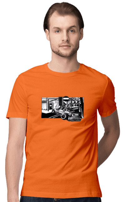 Футболка чоловіча з принтом "Небезпечний Автомобіль на дорогах вулиць". Автомобіль, гонки, машина, небезпечний, чорно білий, швидкий. 2070702