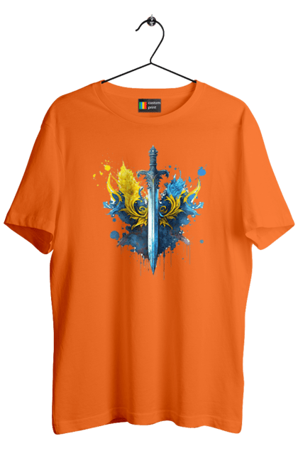 Футболка чоловіча з принтом "Меч в українському стилі". Герб, меч, перемога, прапор, символ україни, тризуб, україна. 2070702