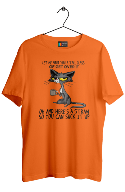 Футболка чоловіча з принтом "Як це пережити?". Велика склянка, випий, все відмінно, йди нахуй, кіт і кухоль, налий, роздум, смоктати, як це подолати. 2070702