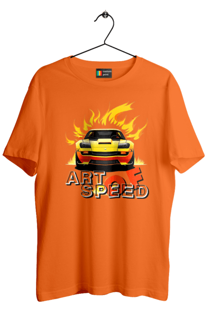 Футболка чоловіча з принтом "Машина у вогні". Автомобіль, вогонь, спортивна машина, спортивний автомобіль, швидкість. 2070702