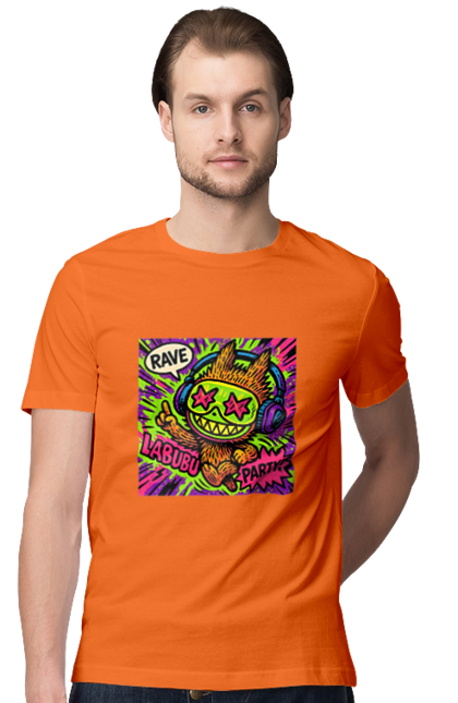 Футболка чоловіча з принтом "Лабубу". Вечірка, вуличне мистецтво, графіті, зоряніочі, коміксстиль, лабубу, навушники, неон, попарт, рейв. 2070702