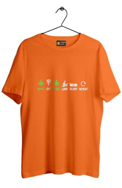 Футболка чоловіча з принтом "Їсти , любити, спати, повторити". Їсти, коноплі, любов, піца, повторити, секс, сон, спати, трава. 2070702