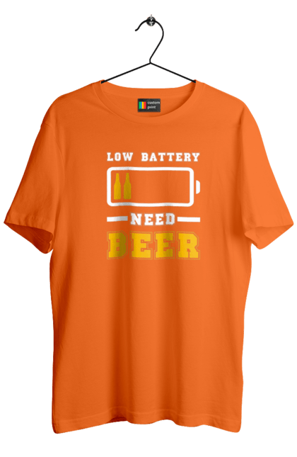Футболка чоловіча з принтом "Low battery need beer". Алкоголь, брутальні, літні, пиво, прикольні принти, чоловічі. 2070702