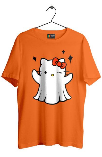 Футболка мужская с принтом Хелло Китти Хэллоуин. Ghost, halloween, hello kitty, бренд, кот, котенок, персонаж, привидение, хелло китти, хэллоуин. 2070702