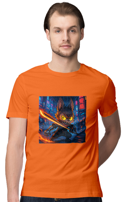Футболка чоловіча з принтом "Лабубу". Аніместиль, дія, катана, кіберніндзя, кіберпанк, лабубу, меч, неонове місто, очі` що світяться. 2070702