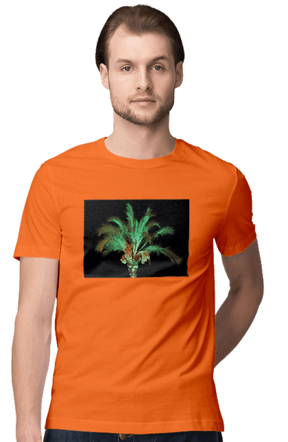 Футболка чоловіча з принтом "Фінікова Пальма Вночі". Берег, відпочинок, відпустка, зелений, море, ніч, оазис, океан, острів, пальма, південь, подорож, пригоди, тропіки, фінікова, чорне. 2070702