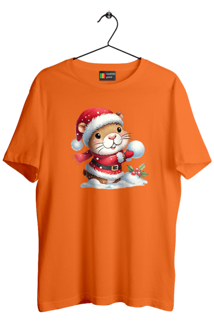 Men's t-shirt with prints Capybara playing snowballs. Animal, capybara, christmas, christmas capybara, game, gift, holiday, new year, santa, snowballs. 2070702