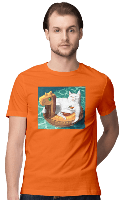 Футболка чоловіча з принтом "Білий кіт у плавальному колі, на відпочинку". Басейн, відпочинок, кіт, коктейль, море, плавальний круг. 2070702