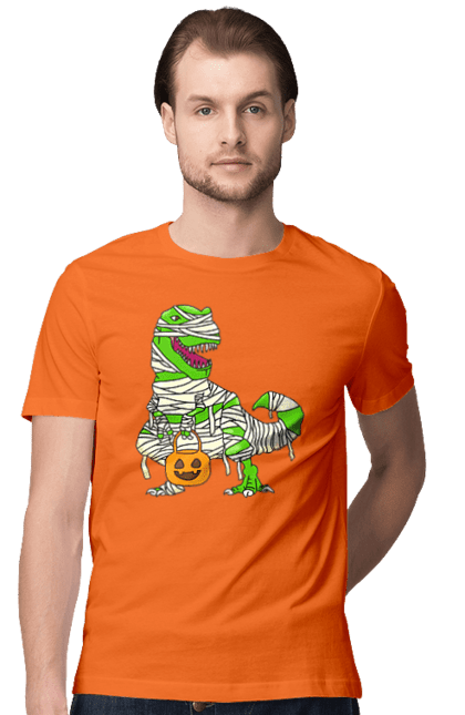 Men's t-shirt with prints Halloween Dinosaur. Costume, dinosaur, halloween, holiday, october, october 31, pumpkin, sweets, trick or treat. 2070702