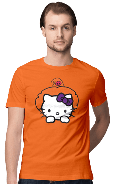 Футболка мужская с принтом Хелло Китти Хэллоуин. Halloween, hello kitty, witch, бренд, ведьма, кот, котенок, персонаж, хелло китти, хэллоуин. 2070702