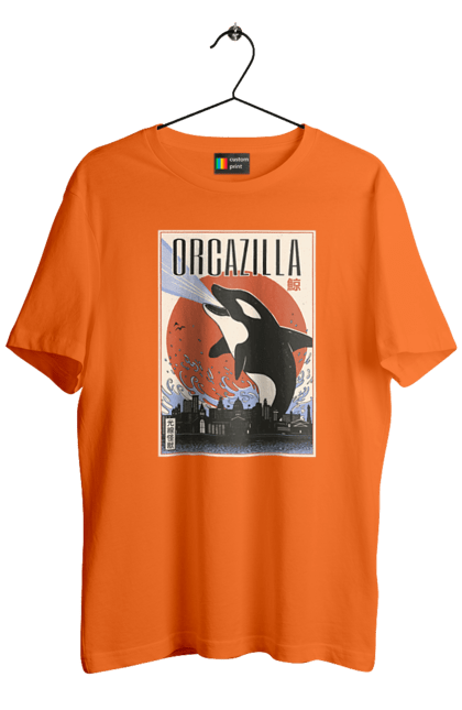 Men's t-shirt with prints Orcazilla. Cartoon style design, graphic, japan print, japanese, japanese art, japanese poster, japanese poster orca, ocean wildlife, orca, orcazilla. 2070702