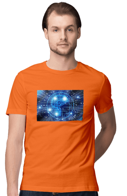 Футболка чоловіча з принтом "Штучний інтелект". Айті, айтішник, гік, знання, інженер, інтелект, кібер, кібернетика, кіборг, код, комп, комп`ютерник, кристал, машинне навчання, мікросхема, мозок, портрет, програміст, професіонал, професія, розробник, розум, хакер, чіп, штучний інтелект, штучний розум. 2070702