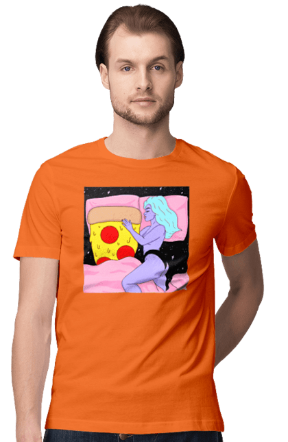 Футболка чоловіча з принтом "Фіолетова Дівчина І Піца". Дівчина, ліжко, піца. 2070702