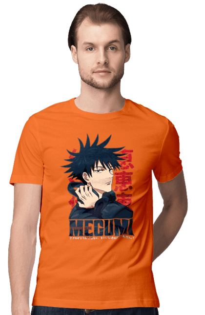 Men's t-shirt with prints Jujutsu Kaisen Megumi. Anime, dark fantasy, fushiguro, fushiguro megumi, jujutsu kaisen, magic battle, manga, megumi, mystic. 2070702