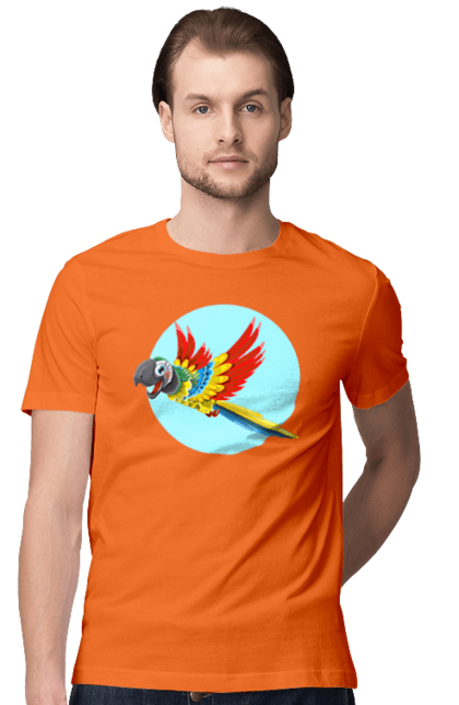 Футболка чоловіча з принтом "Папуга". Барвистий папуга, какаду, кольоровий папуга, папуга, що летить. 2070702