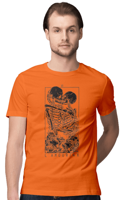 Men's t-shirt with prints Skeletons in love. Bones, kiss, love, scull, skeletons, tarot, teeth. 2070702