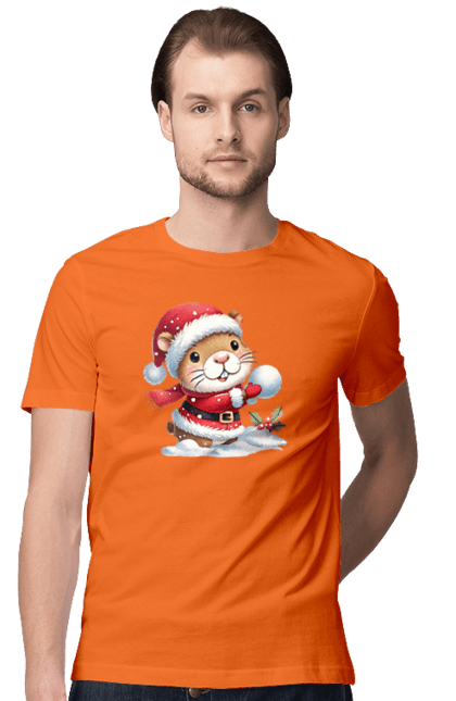 Men's t-shirt with prints Capybara playing snowballs. Animal, capybara, christmas, christmas capybara, game, gift, holiday, new year, santa, snowballs. 2070702